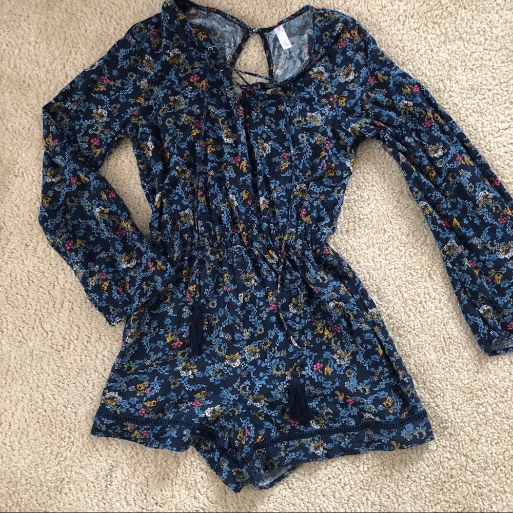 Xhilaration Floral Lace-Up Romper with Tassels